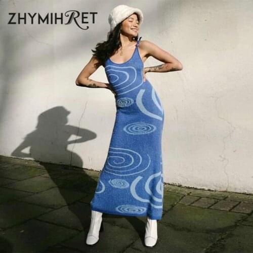 ZHYMIHRET Casual Knitted Summer Womens Dress 2021 Contrast Color Back Hollow Out Long Dress Spaghetti Strap Y2k Vestidos