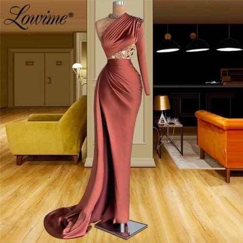 Lowime Elegant One Shoulder Crystal Long Mermaid Prom Party Dresses 2021 Plus Size Dubai Arabic Evening Dress Vestidos De Fiesta