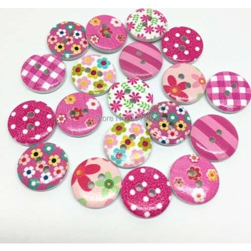 100pcs Pink Mix 15mm Wood Buttons Flower Stripes Gingham Checks Spotts Painted Round Button Scrapbook Sewing Embellishments