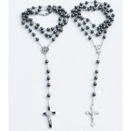 12pcs 2style 6mm hematite rosaries beads necklaces men women Prayer rosary catholic chotk jesus christ cross pendant jewelry