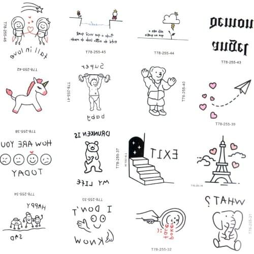45Pcs Waterproof Womens Fake Tattoo Cartoons Simplicity Cute English Series Temporary Tattoos Sticker And Decals Body Art