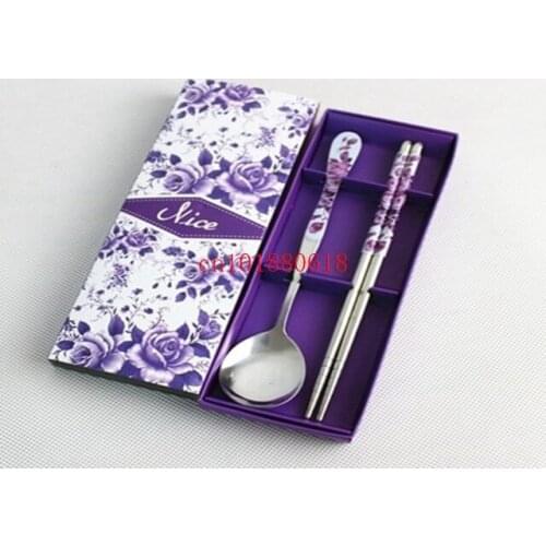 50sets/lot Free Shipping For Wedding Gift Favors Purple Pink Flowers Stainless Steel Chopsticks fork Set