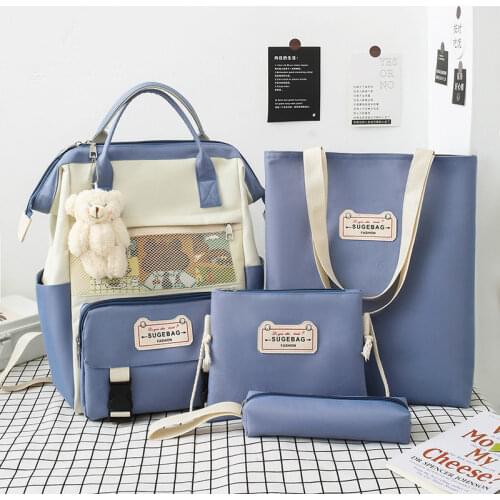 New 4Pcs/set Canvas Backpacks Women School Bags for Teenage Girls Green Bookbags College Travel Backpacks Female Rucksack 2021