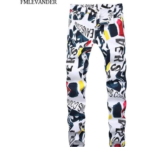 Fashion Print Jean Homme Slim Fit Straight Elasticity Male Pants Skinny Jeans Men Brand