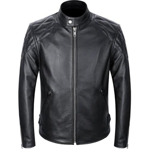 Men Genuine Leather Jacket Motorcycle Black Slim Fit Stand Collar Outwear Male Real Leather Coat Moto Biker Jacket Cowhide