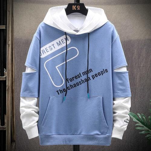 Spring/Autumn Mens False Two-Piece Hooded Sweater Fashion Casual Hoody Male Hoodies Sweatshirts Streetwear Patchwork Hoodie