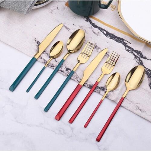 4 Pcs Stainless Steel Knife Fork and Spoon Set Western Steak Knife and Fork Gold Festivel Tableware Pink Dinner Set