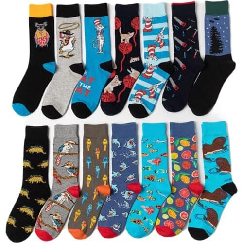 Novelty Funny Cartoon Animal Cat Dog Pattern Mens Socks New 2020 Streetwear Cotton Happy Crew Socks Men Harajuku Sokken