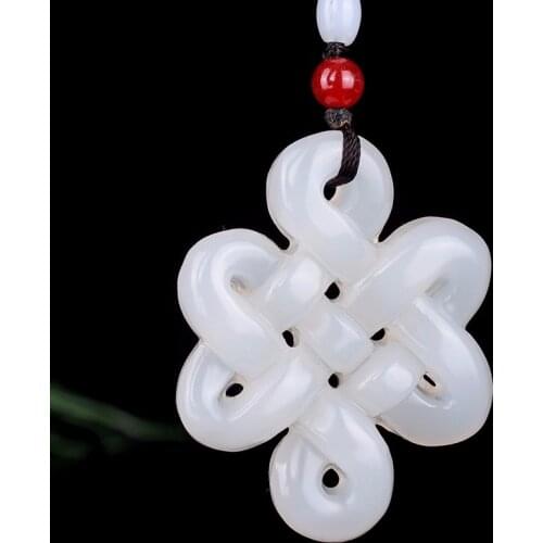 Natural Green White Jade Chinese Knot Pendant Beads Necklace Charm Jewelry Double-sided Hollow Carved Gifts for Women Men