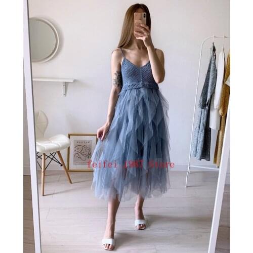 Lace Party Dress Solid Ruffles Knitting Patchwork Women Spaghetti Strap Dress 2021 Mesh Backless V-neck Long Dress Vestidos