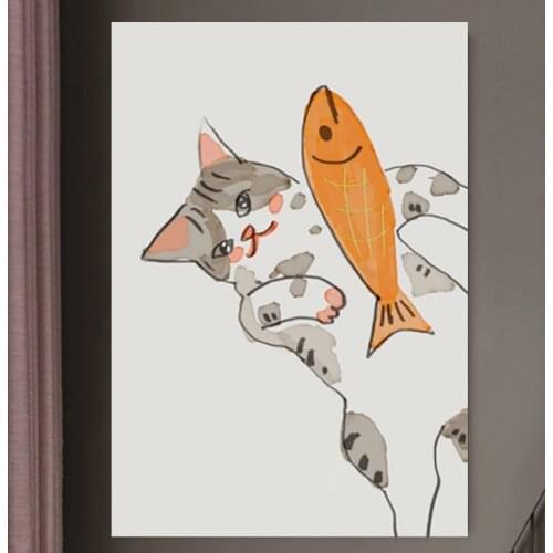 Cat and Fish Print Poster Wall Art Printing Cartoon Cute Children Kids Room Decor Canvas Painting Kindergarten Home Decoration
