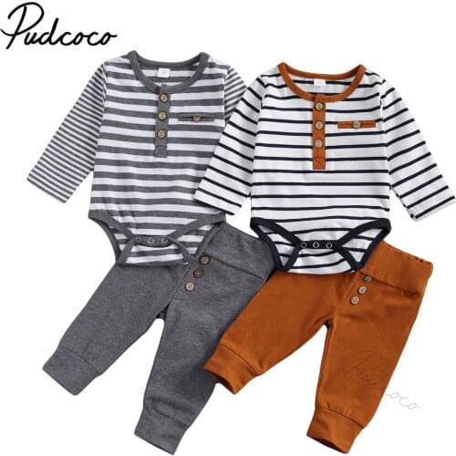 2Pcs Baby Girl Boy Casual Suit, Round Neck Long Sleeve Stripe Romper Solid Color Button Decoration Loose Trousers Spring Autumn
