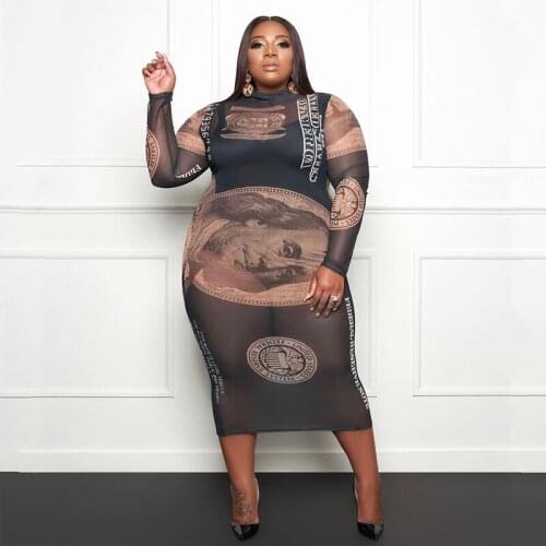 Plus Size Clothing for Women Dresses Long Sleeve Bodycon Club Outfit Sexy Transparent Mesh Dress Elegant Wholesale Dropshipping