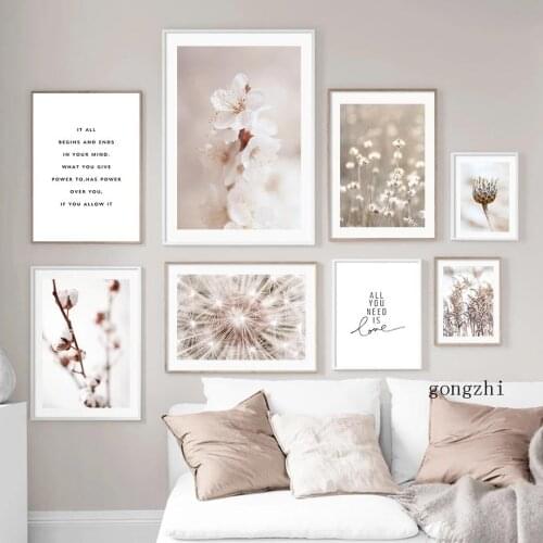 Reed Dandelion Peach Blossom Cotton Beige Nordic Posters Photography Canvas Painting Prints Wall Art Pictures Living Room Decor
