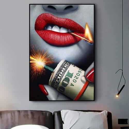 Red Sexy Lips with Money Canvas Painting Poster and Prints Pop Wall Art Pictures Cuadros for Living Room Decoration