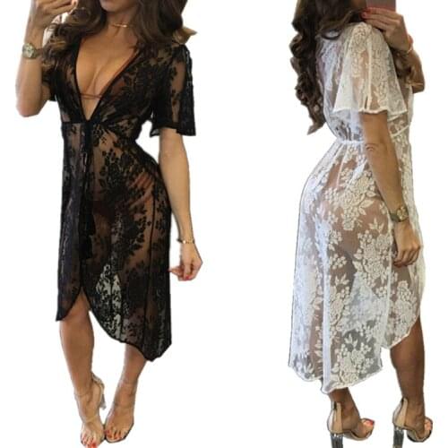 2018 Sexy Lace Perspective Smock Nightclub Beachwear White/Black Beach Dress