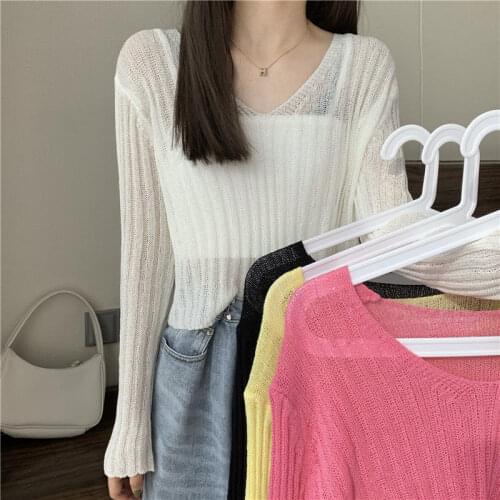 Cropped Bare Midriff New Fashion Girl Spring Summer Knitted Pullovers Slim Sweater Women Summer Anti UV Loose