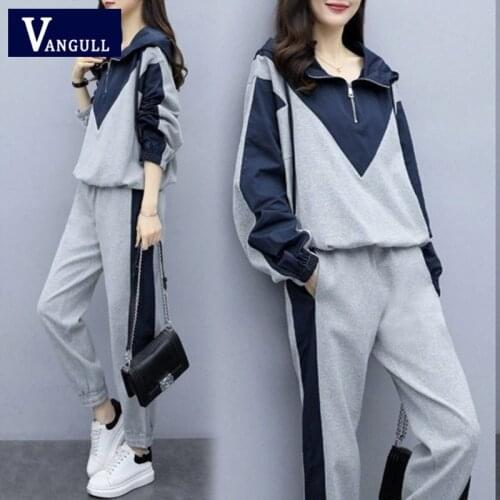Vangull Casual Splicing 2 Pieces Set Plus Size Women 2020 New Sports Hooded Suit Loose Show Thin Long Sleeve Fashion Female Set