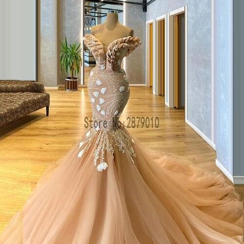 Dubai Champagne Mermaid Evening Dresses Robe De Soiree Aibye Middle East Vestido de festa Formal Tulle Evening Gowns