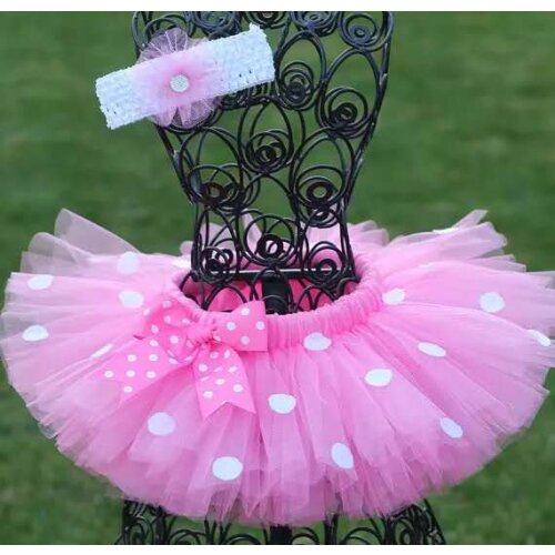 New Girls Pink Tutu Skirts Baby Handmade Tulle Pettiskirt with White Dots Bow and Flower Headband Kids Ballet Dance Tutus Cloth