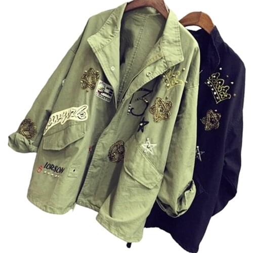 2021 Women Cotton Jacket Coat Casual Women Bomber jacket Embroidery Applique Rivets Oversize Women Coat Army Green Cotton Coat