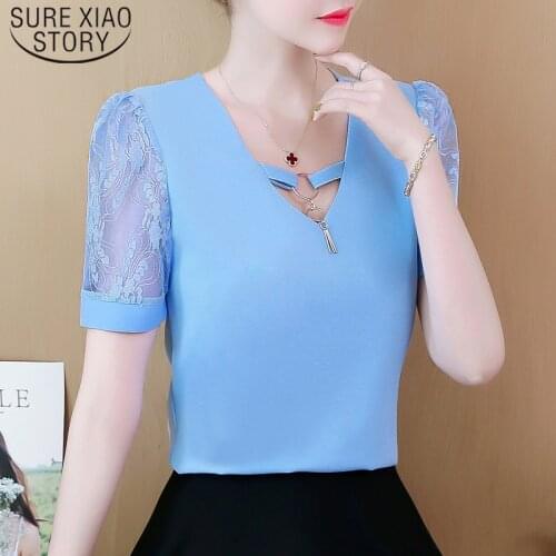 Korean V-neck Shirt Women Casual Short Sleeve Shirt Plus Size Women Tops Hollow Out Shirt camisetas verano mujer 2021 4690 50