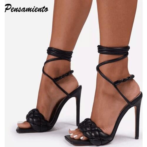 2021 Ankle strap Corss-tied Women Sandals Elegant Thin High heels Summer Office Lady Shoes Fashion Weave soft Gladiator Sandals
