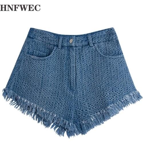 2020 new high waist tassels denim blue pocket short hollow out summer street fashion shorts U902