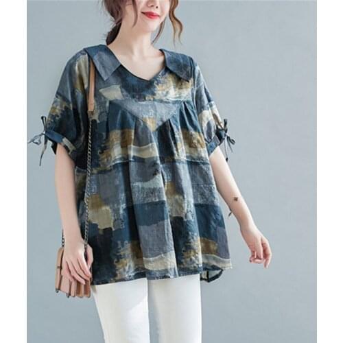 Oversized Women Cotton Linen Casual Blouses New Arrival 2021 Summer Simple Style Vintage Print Loose Female Tops Shirts S3528