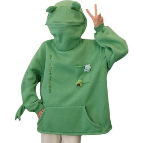 Harajuku 2021 Autumn Fashion Women Long Sleeve Pocket Green Frog Patterns Hooded Sweatshirt Casual Pullovers Coat