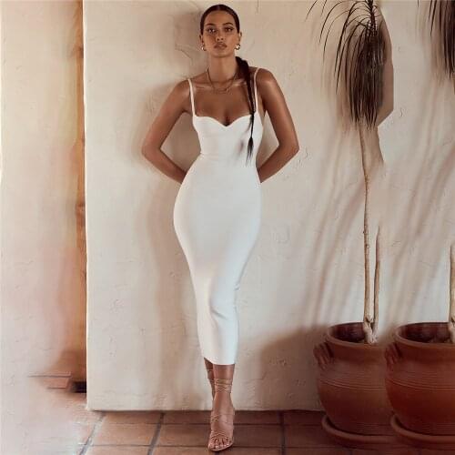 Celebrity bandage dress woman white bodycon bandage dress sexy spaghetti straps midi woman dress vintage vestios