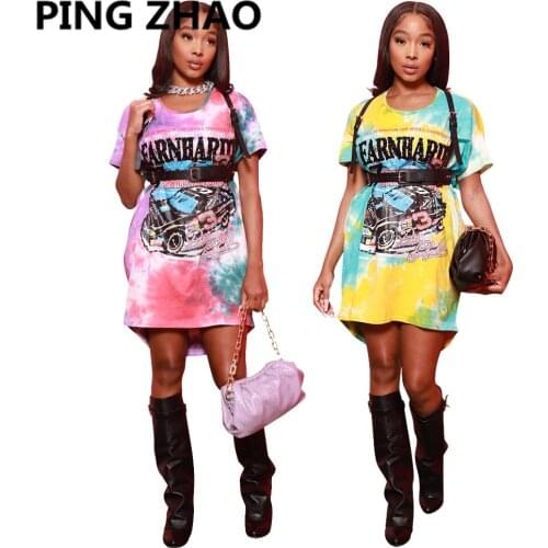 PING ZHAO (No belt) 2021 Women Summer Fashion Dress Casual O-Neck Loose Tie-dye Print Bandage Dresses Vestido