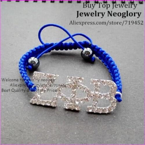 20pcs Good Quality Handmade Bracelet,Silver Plated Crystal rhinestone ZETA PHI BETA with Royal Blue Rope Rope Macrame Bracelet