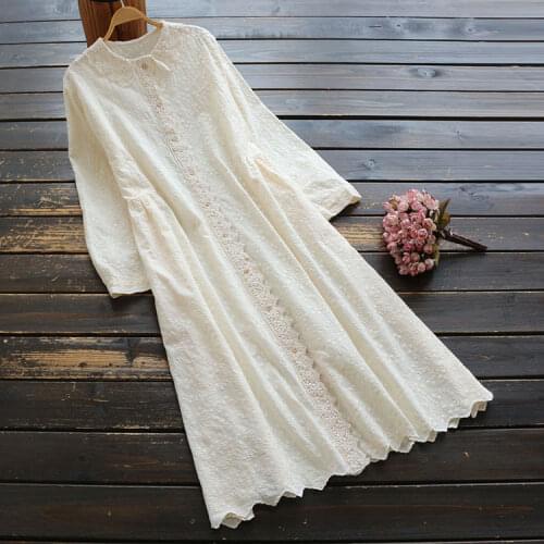 6637 New Autumn Women Lace Embroidery Long Sleeve Dress Mori Girl Literary Casual Midi Dress Solid Color A-Line