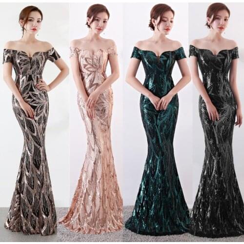 NOBLE WEISS Long Off Shoulder Evening Dresses Sequined Mermaid Evening Gowns Women Formal Dresses us2-14
