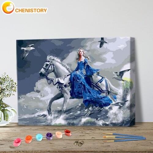CHENISTORY DIY Oil Paint By Number Princess Ride White Horse Kits Home Decor Seascape Drawing On Canvas Handpainted Art Gift
