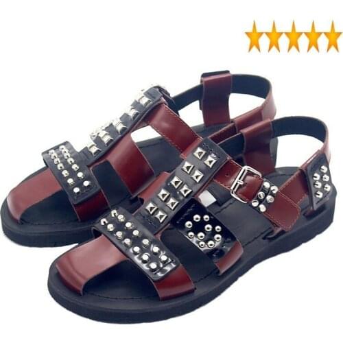 Men Vintage Rivet Gladiator Streetwear Brown Cowhide Handmade Beach Flats Sandals Summer Genuine Leisure Leather Shoes