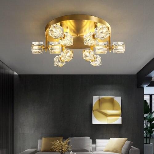 FSS Modern Copper Gold Crystal Chandelier Round Crystal Living room Lamp LED Nordic Ceiling Lamp Simple Bedroom Restaurant Light