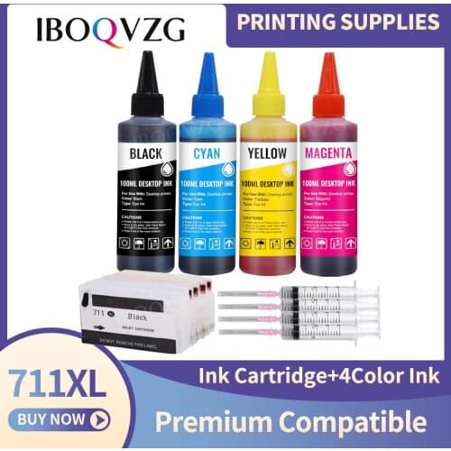 IBOQVZG 711 711XL For HP DesignJet T120 T520 Inkjet Printer Plotter Refill Ink Kit 4 color Cartridge With Chip and 400ml Dye ink