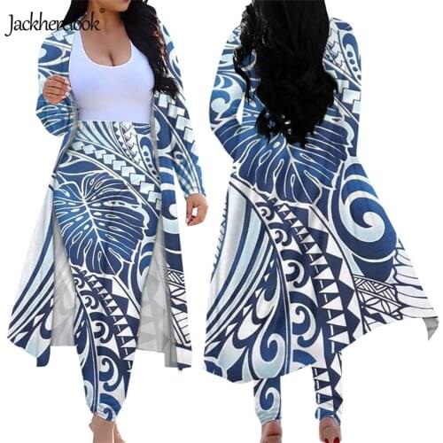 Jackherelook Blue Monstera Tribal Hawaiian Print Womens Open Front Loose Cardigans Outwear Coat Skinny High Waist Long Pants