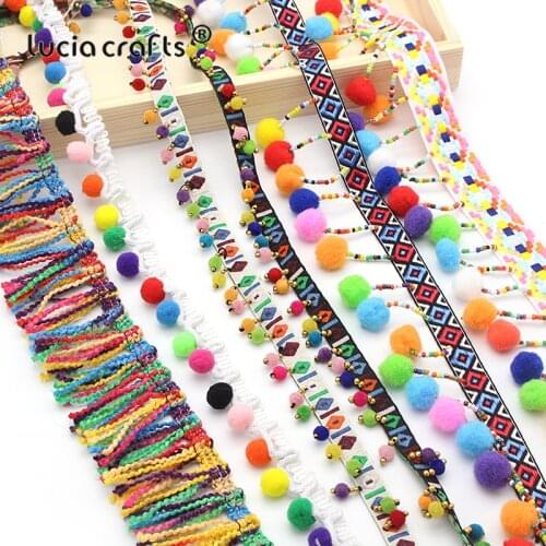 Lucia crafts 1yard /lot Tassel Lace Ribbon Pompom Trim Fabric For Sewing Garment Pillow Shoes Bag Accessory N0302
