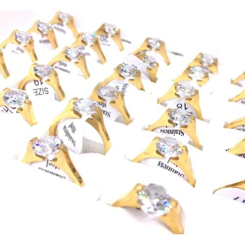 MixMax 36pcs Womens Rings Gold Plated Round Zircon Stone Stainless Steel Jewelry Wholesale Lot Wedding Band