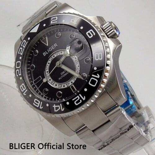 Fashion BLIGER 43MM Black Dial Ceramic Bezel GMT Function Sapphire Crystal Luminous Marks Automatic Movement Mens Watch B219