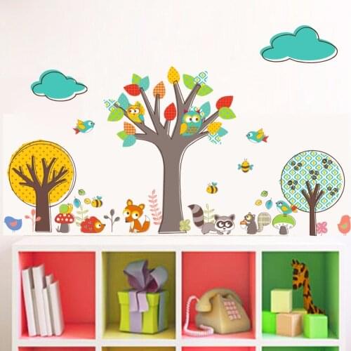 Cartoon Animals Creative Colorful Tree Wall Sticker for Kids Room Nursery Kindergarten Decor Cloud Birds Owls Bees Wallpaper Art