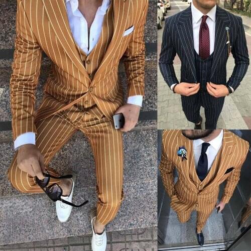 Mens Suit 2021 New Fashion Groom Wedding Dress High-end Party Business Beige Striped Slim Suit 3 Piece Set (coat+ Vest+ Pants)