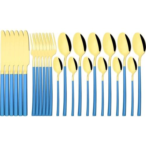24Pcs Blue Gold Dinnerware Set Shiny Stainless Steel Cutlery Knife Fork Coffee Spoon Tableware Party Kitchen Flatware Silverware