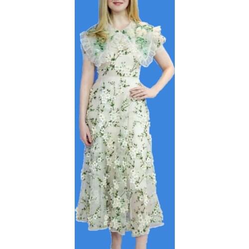 New HIGH QUALITY 2021 Fashion Designer Womens Elegant Short Sleeve Sweet Perter Pan Collar Fresh Floral Gauze Embroidery Dress