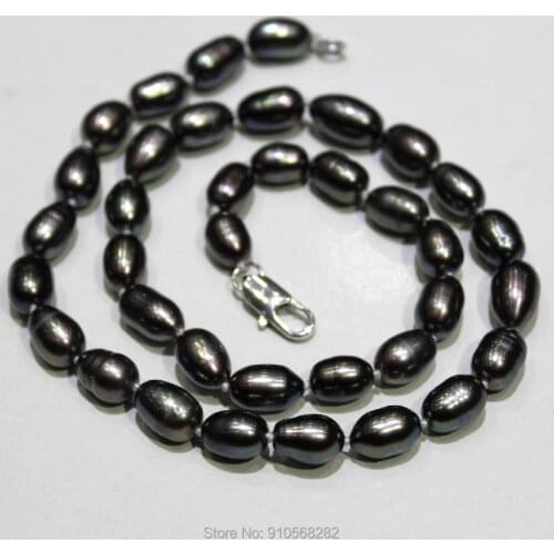 Black Freshwater Pearl Necklace rice grains shape 7X10mm 17INCH