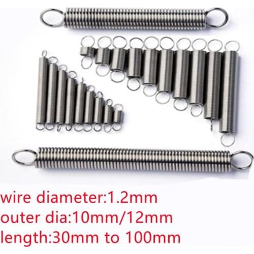 2pcs/lot wire 1.2mm extension spring 1.2x10/12x30/35/40/45/50/60/70/80/90/100 Stainless steel tension spring with hooks