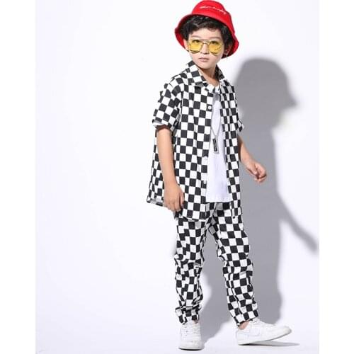 Boys Street Dance Check Shirt Hip Hop 2 Pcs Set Kids Cool Jazz Casual Plaid Pants Outfits Teenage Rap Costume Clothes Streetwear